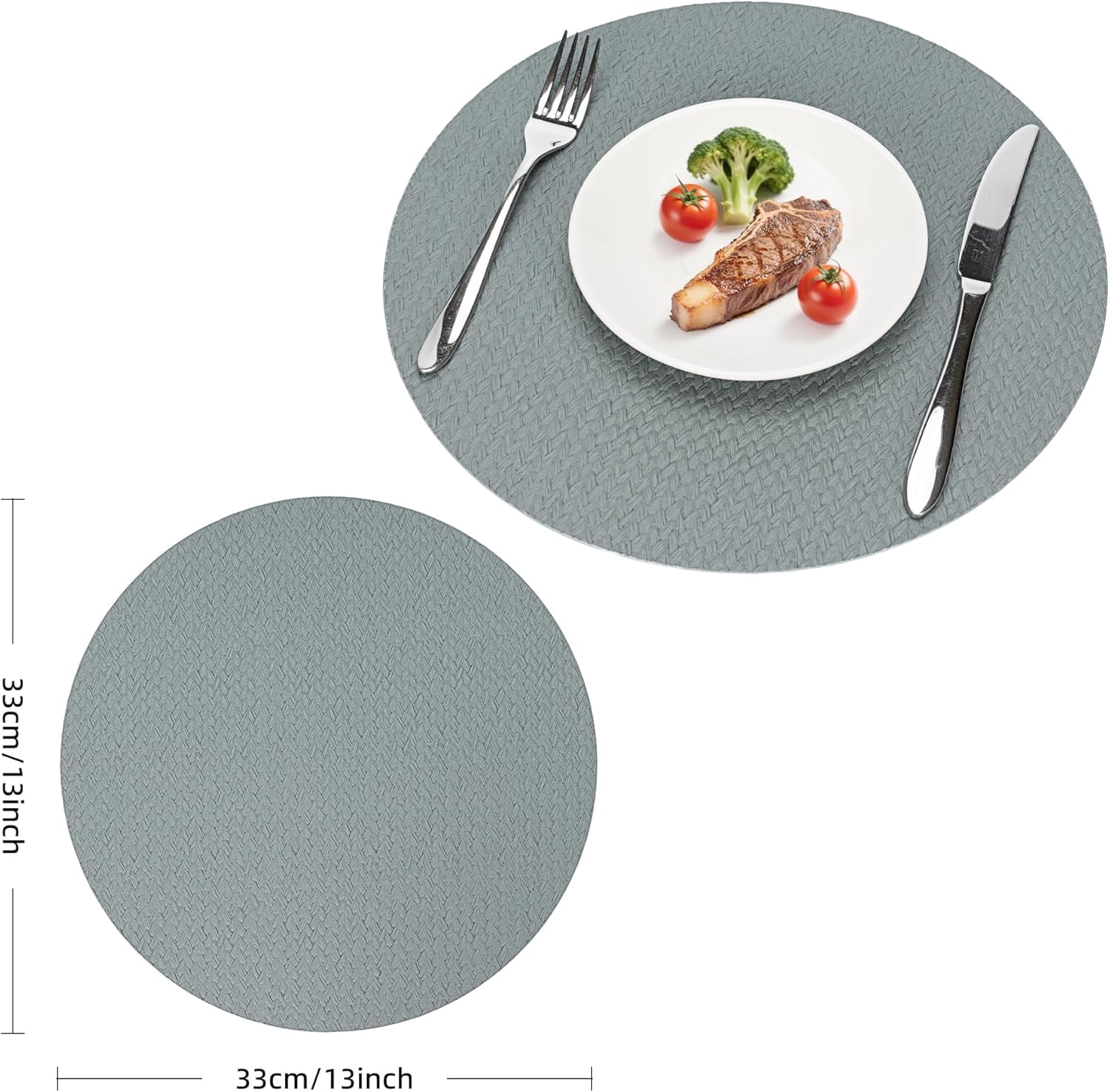 PROMATTOO Round Vinyl Woven Embossed Placemats Set of 6,Faux Leather Waterproof Dining Mat,Cloud Gray