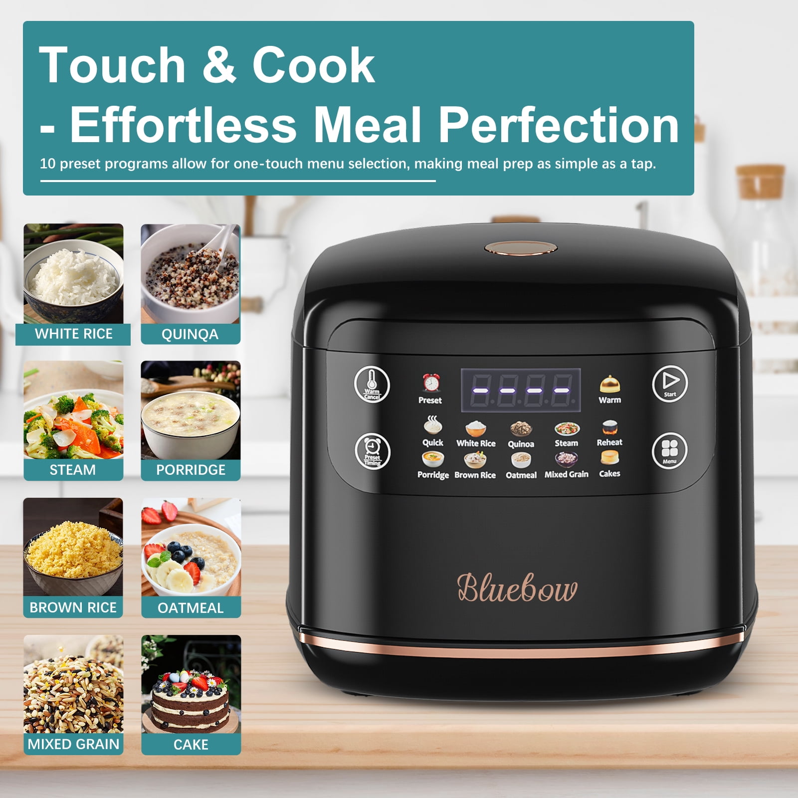 Bluebow Digital Rice Cooker, 6-Cup/2.1QT Small Rice Maker, 10 Presets, 24-Hour Delay Timer & Keep Warm, Non-Stick Inner Pot, Black