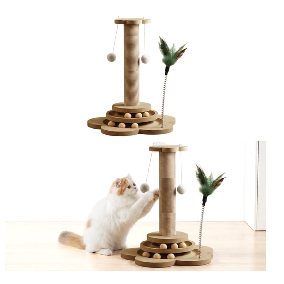 Cat Scratching Post, Wooden Cat Scratcher Toy With 2 Level Cat Track Balls, Interactive Feather Toy and 2 Sisal Hanging Balls for Indoor Kittens, Adult Cats