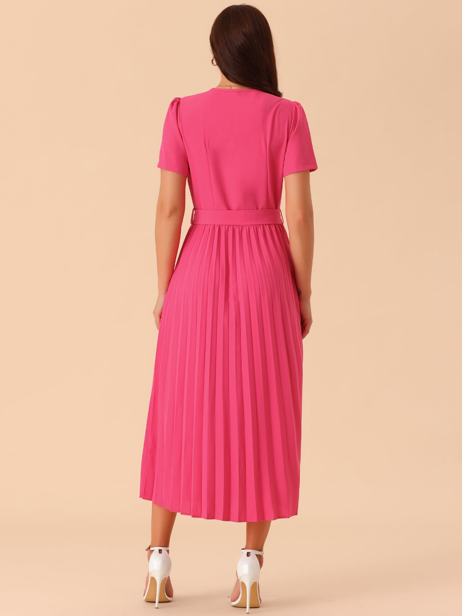 DARING DIVA Short Sleeve Wrap V Neck Flowy Pleated Midi Dress S Hot Pink