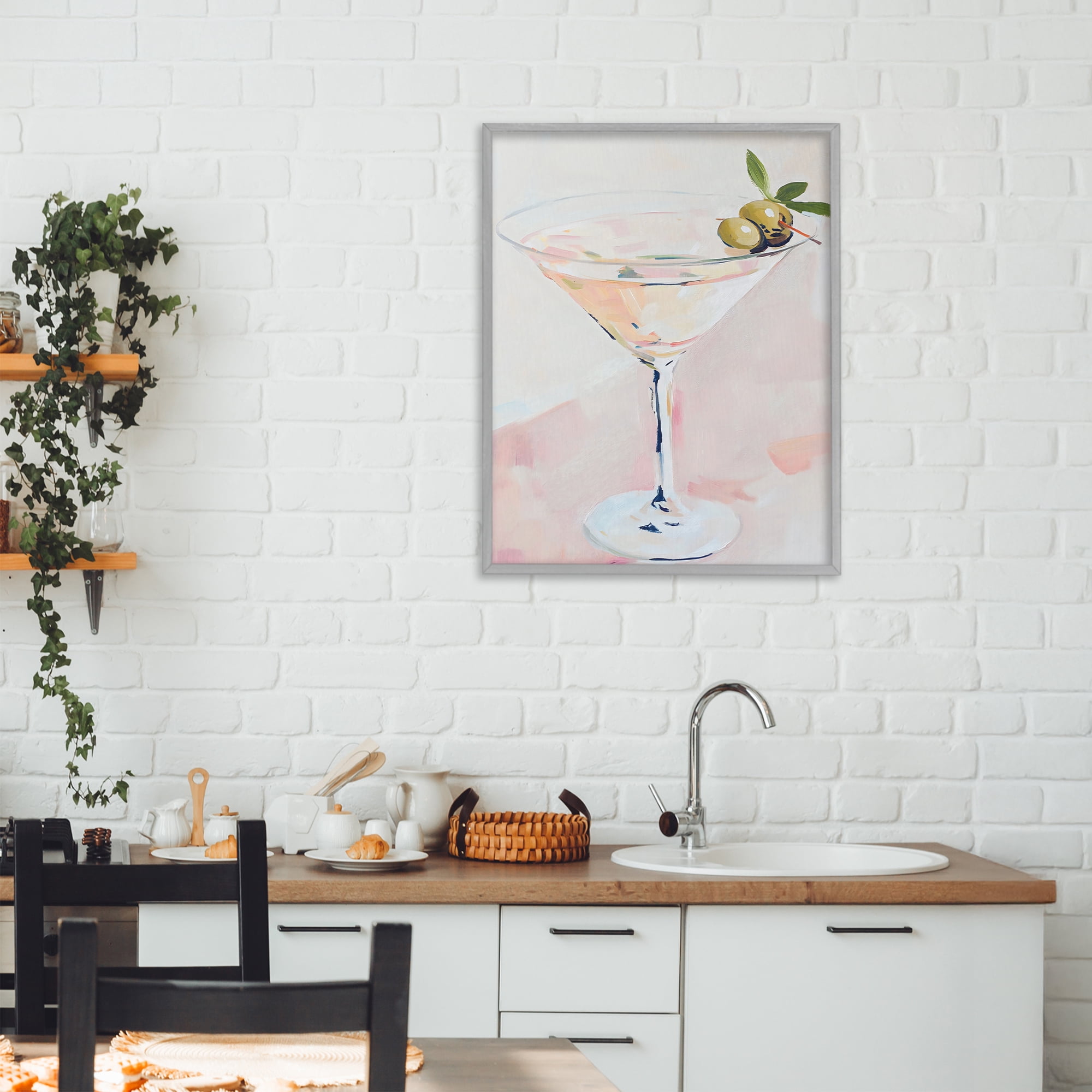 Stupell Industries Pastel Martini with Olive Garnish Gray Framed Giclee Art, design by The Prints Vibe