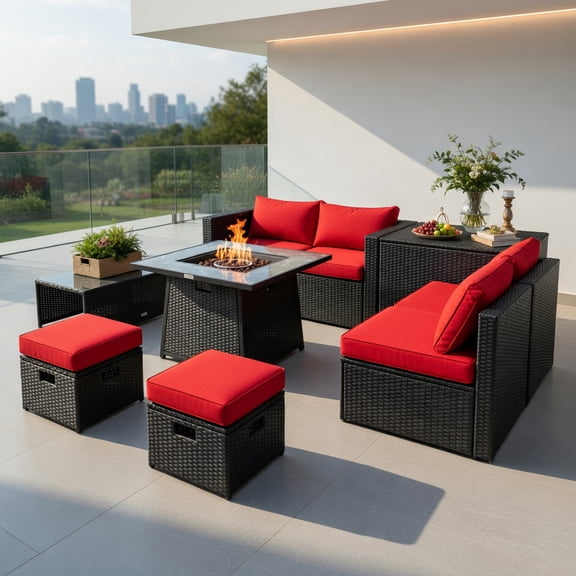 GVN Outdoor Furniture Sets, Outdoor Conversation Set,9 Pieces Outdoor Wicker Sectional with 35 Inch Gas Fire Pit Table-Red