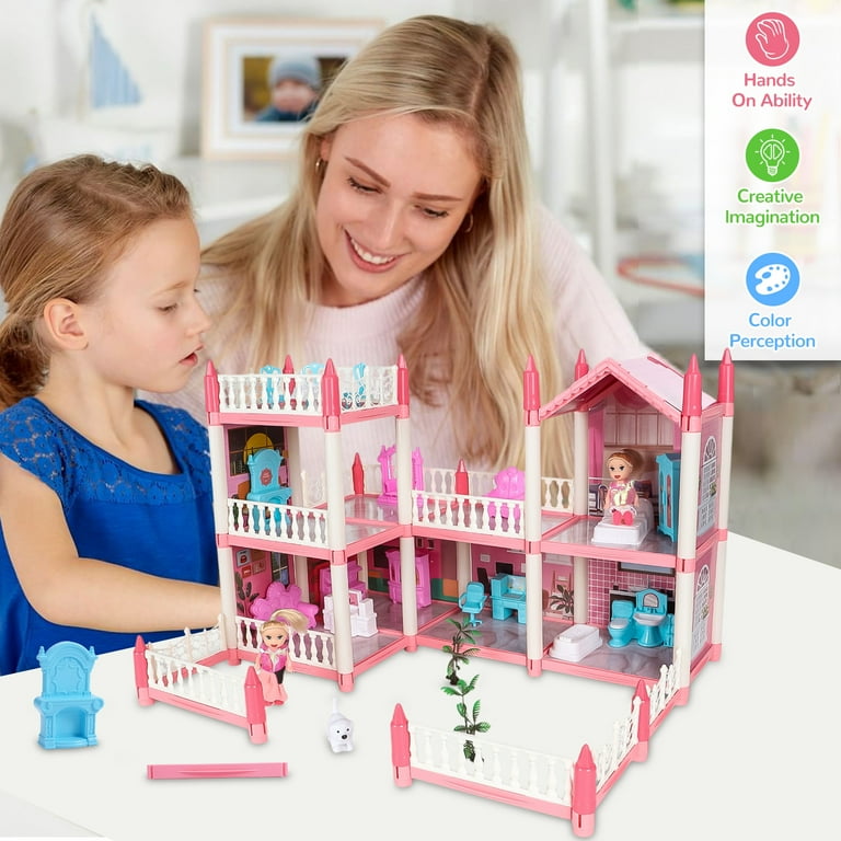 Wisairt Doll House for Girls, DIY Dollhouses Set with 6 Rooms 3 Terraces,  20Pcs Pretend Play House Accessories for Kids Gifts Ages 4-8, Pink 