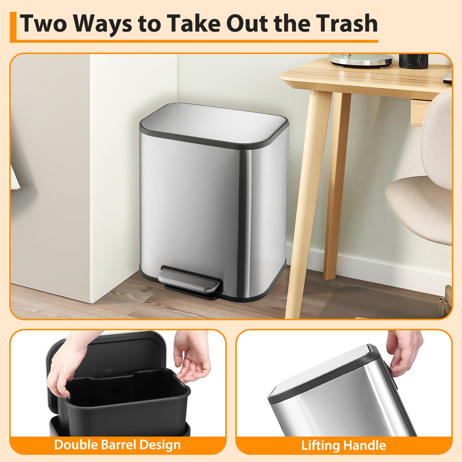 TROPOW Bathroom Trash Can, 5.3 Gallon / 20 Liter Stainless Steel Garbage Can, Small Rectangular Trash Can with Soft Close Lid Foot Pedal & Inner Bucket for Kitchen Home Office Bedroom Living Room
