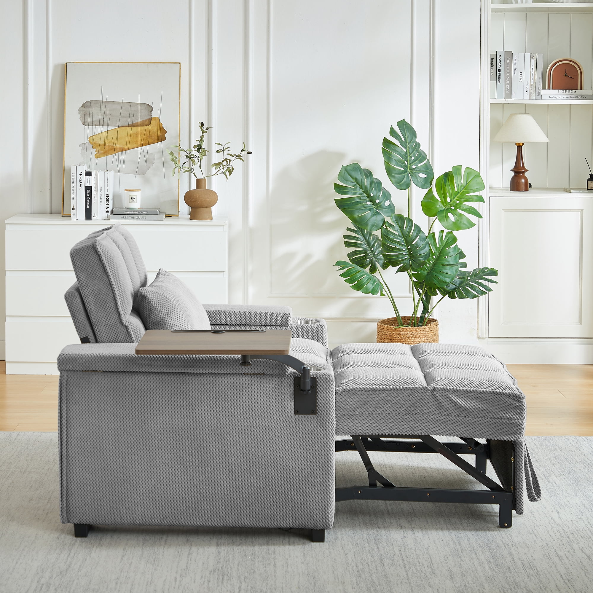 Gewnee 3-in-1 Convertible Sleeper Chair with Adjustable Backrest,Pull-Out Single Sofa Bed with Swivel Side Table & USB Ports & Cup Holder,Perfect for Dorms,Offices.Light Grey
