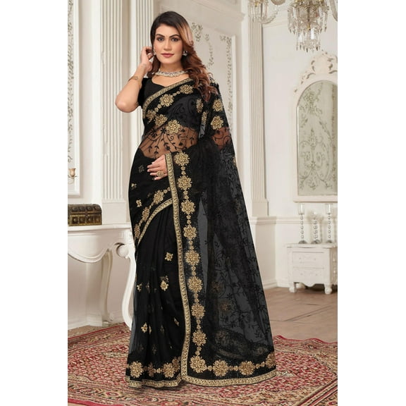 Designer Black Resham Zari Embroidery Net Saree