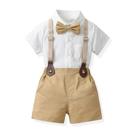 

Odeerbi Toddler Summer Outfits Boys Sling Gentleman Formal Dress Suit Short Sleeve Top Strap Shorts Suit Solid Color Shirts Photography Performance Set Khaki