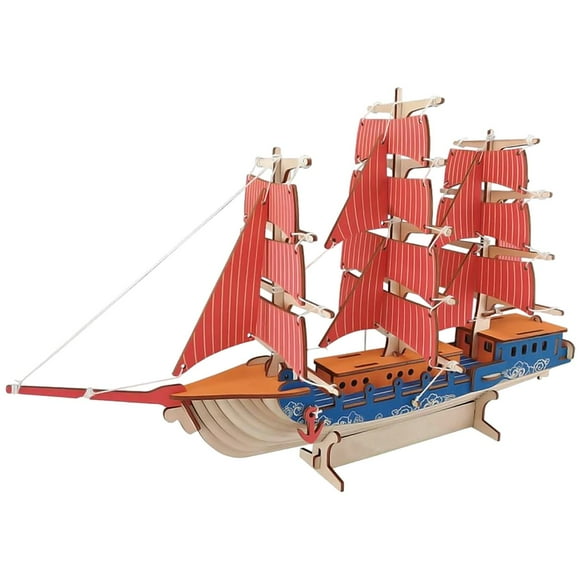Modelo Armable de Barco EuroSail 1Pza 77 Partes 42.9x26.7x13.5cm Madera Rojo/Café/Azul.