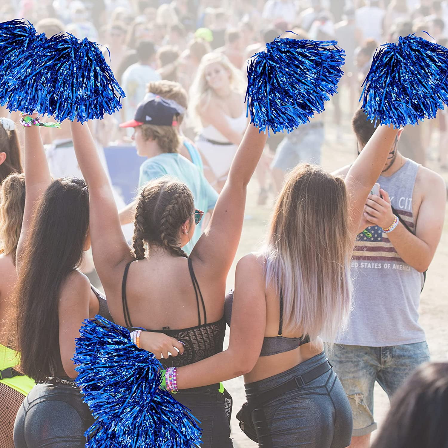 LINLIN 12Pcs Metallic Cheerleading Pom Poms with Cozy Handle, Adorable Cheerleader Pompoms Hand Flowers for Kids Adults Ball Dance Sports Team Spirit Cheering Fancy Dress Night Party