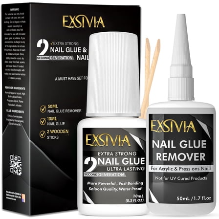 Exsivia Super Strong 2nd Generation Nail Glue (10ml) & Acetone-Free Remover (50ml) with Cuticle Pushers, Essential Press-On Nail Kit, Quick Dry, Long-Lasting Bond, No UV Lamp Needed