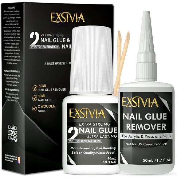 Exsivia Super Strong 2nd Generation Nail Glue (10ml) & Acetone-Free Remover (50ml) with Cuticle Pushers, Essential Press-On Nail Kit, Quick Dry, Long-Lasting Bond, No UV Lamp Needed