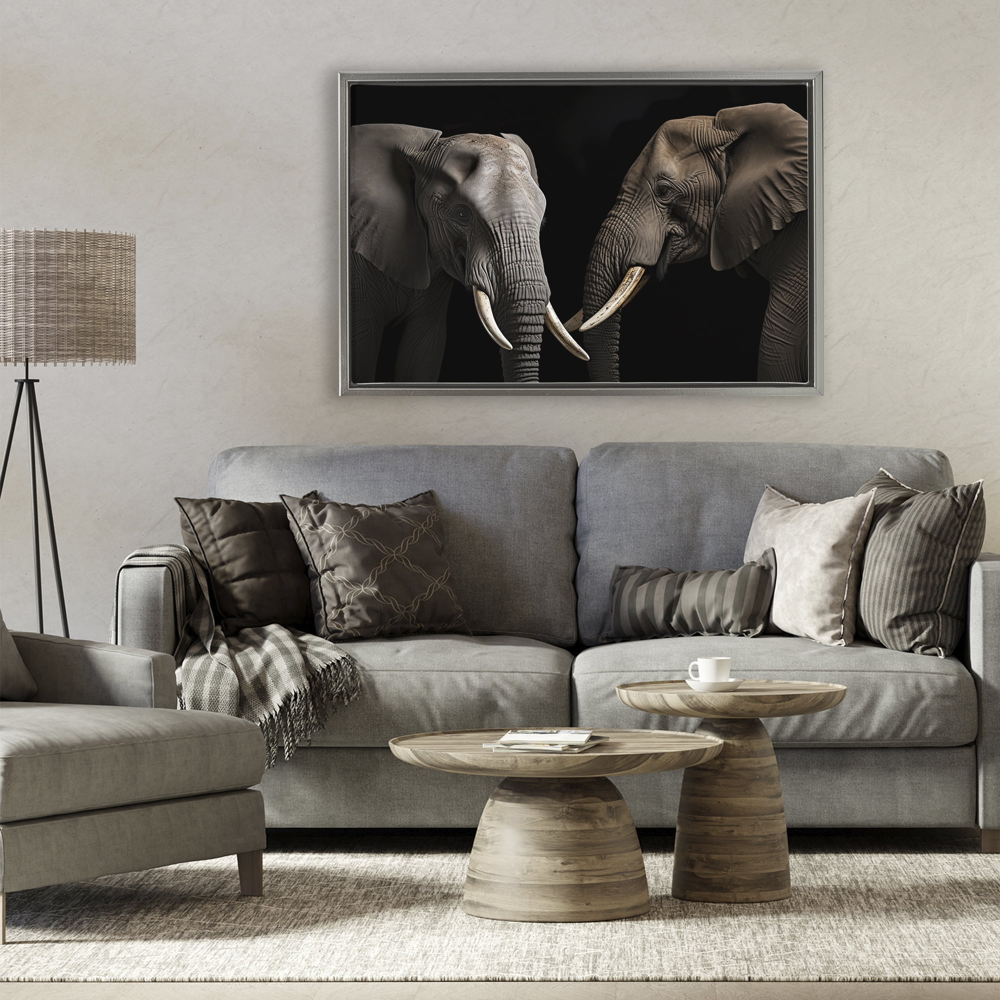 Pachyderm Elephant Pair Gray Framed Floater Canvas Wall Art, design by Decent Exposures
