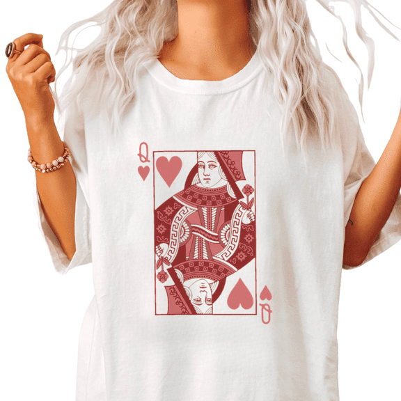 Durable Print T shirt Graphic Tees Vintage Queen of Hearts Playing Card White Red S-5XL Short Sleeve Cotton Shirts Tops