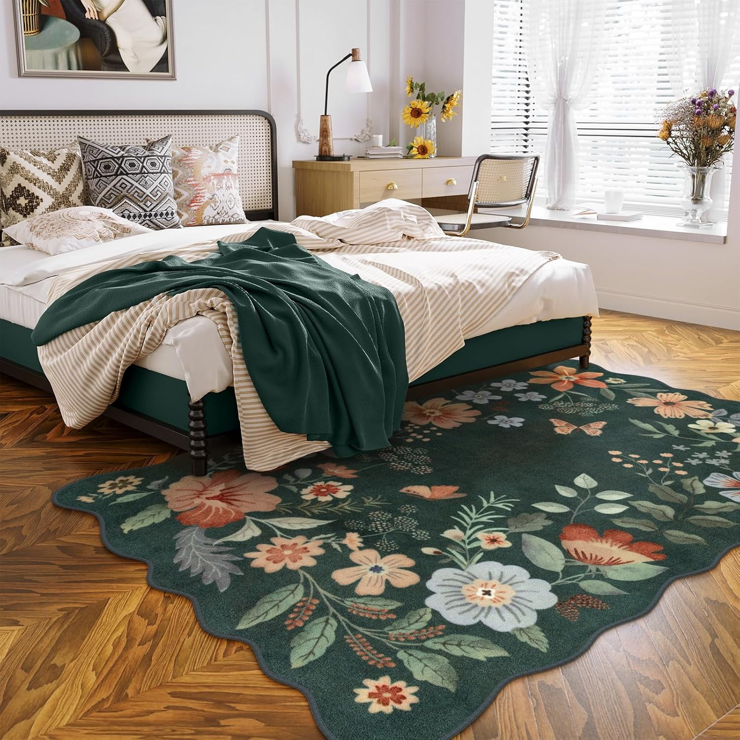 Moynesa 8'x10' Floral Washable Area Rugs, 8x10ft Soft Bedroom Large Rug for Living Room Ultra-Thin Non Slip Dining Room Rug, Stain Resistant Boho Rugs Easy Clean Throw Carpet for Office,Dark Green