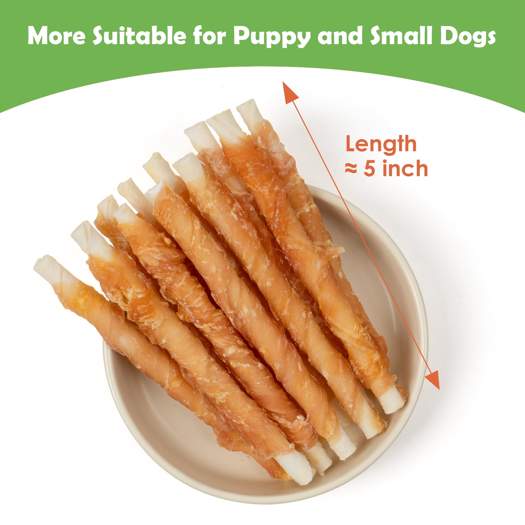 MON2SUN Dog Treats, 5 inch Rawhide Twist Chicken Hide Sticks, Suitable for Puppy and Small Dogs, 14 oz