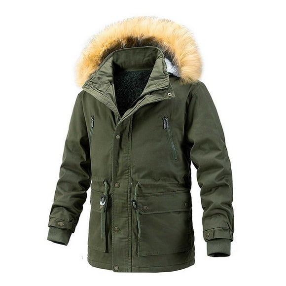 Penkiiy Men's Winter Cargo Work Jacket Fleece Lined Thicken Military Jacket with Removable Hood L Green