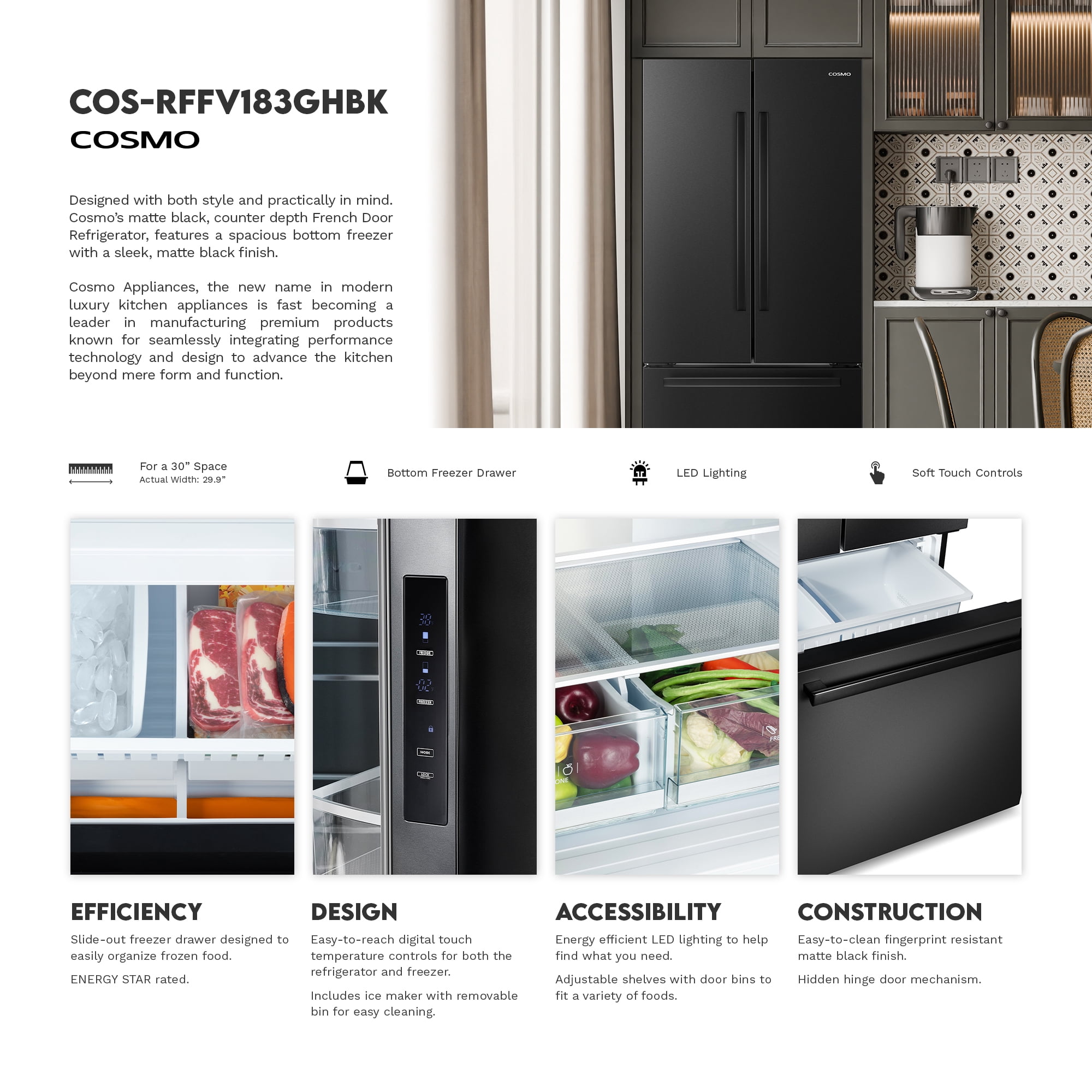 Cosmo 30 in. Vista Coll 17.5 cu. ft. Counter Depth 3-Door French Door Refrigerator, Handles, Matte Black