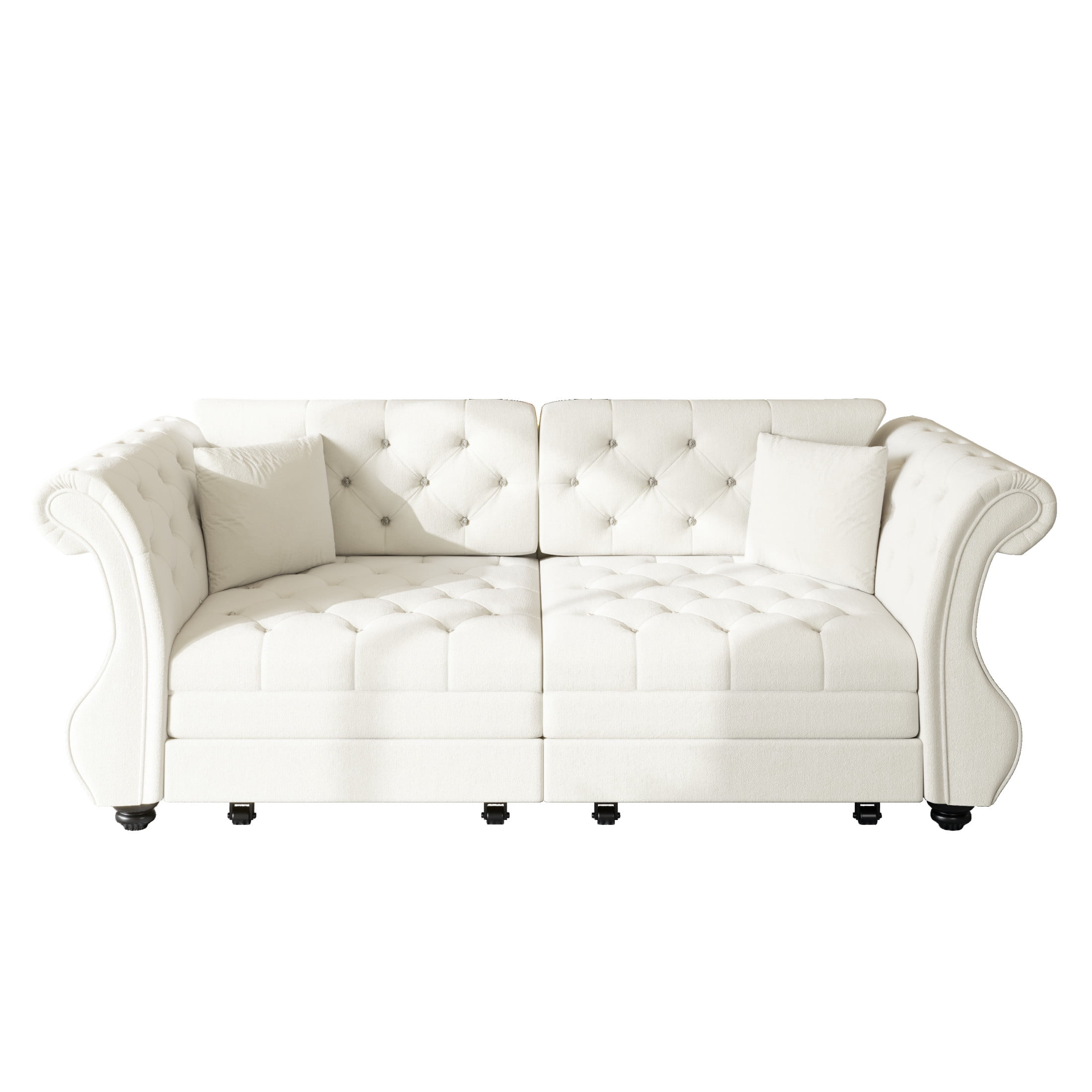 Noble House Wesley Oversized Velvet Chesterfield Pull Out Sofa Bed, Flower Tufted Roll Arm Sleeper Couch, Beige White