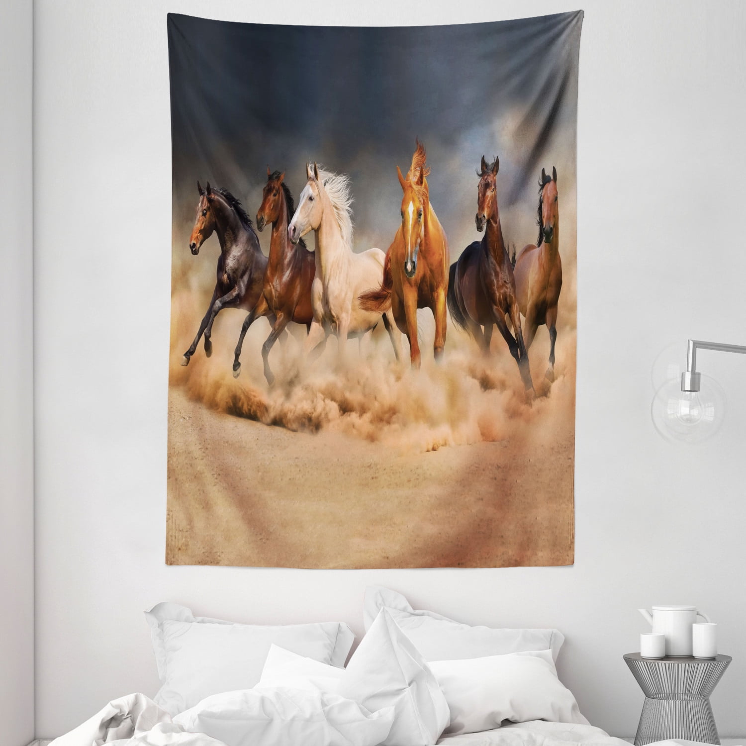 Horse Tapestry, Equine Themed Animals Galloping in the Sand Running