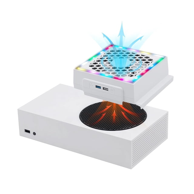 Cooling Fan For Xbox Series S Console - RGB LED Display, Low Noise, Includes 2 Extra USB Ports, 3 Level Adjustable Speed External Cooler
