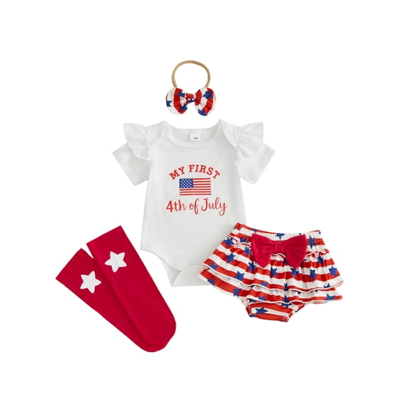 BemeyourBBs My First 4th of July Outift Baby Girl Fourth of July Outfit Patriot Independence Day Summer Clothes Letter American Flag Print Romper Ruffled Tiered Shorts Skirts Socks Headband 4Pcs Set