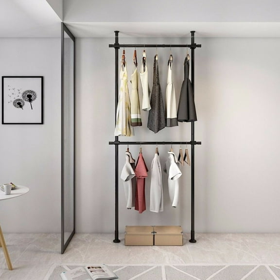 Fichiouy 2 Tier Metal Closet Organizer Garment Stand Clothes Hanger Storage Rack for Bedroom Black