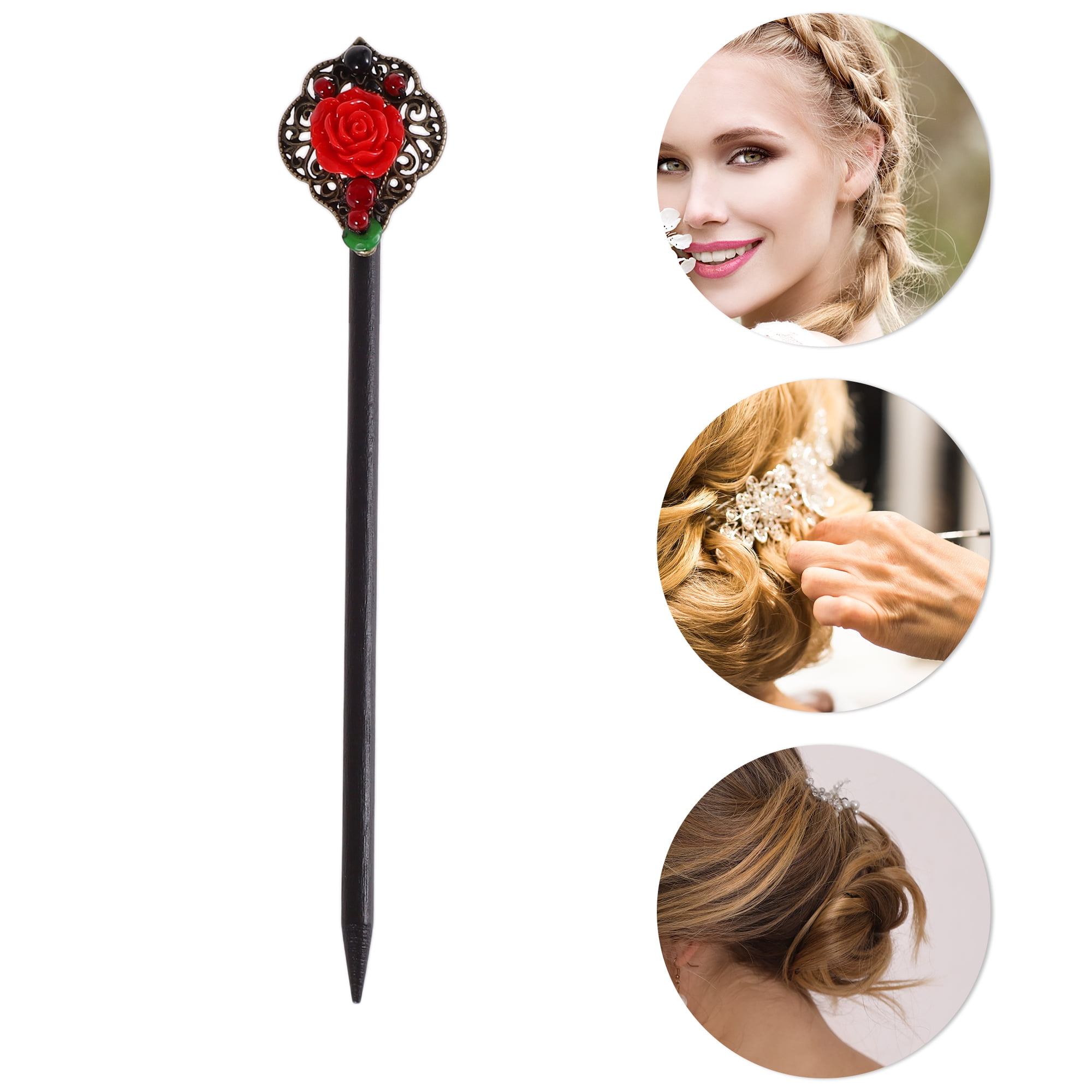 Unique Bargains Hair Chopstick for Women Black Red 1 Pc [Rose]