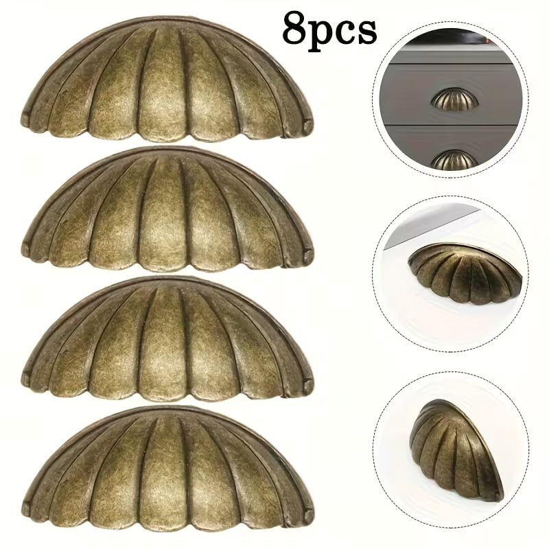 6pcs Vintage Brass Finish Shell Handles for Cabinets - Durable Metal Drawer Pulls, Elegant Design for Kitchen, Bathroom, and Home Decoration
