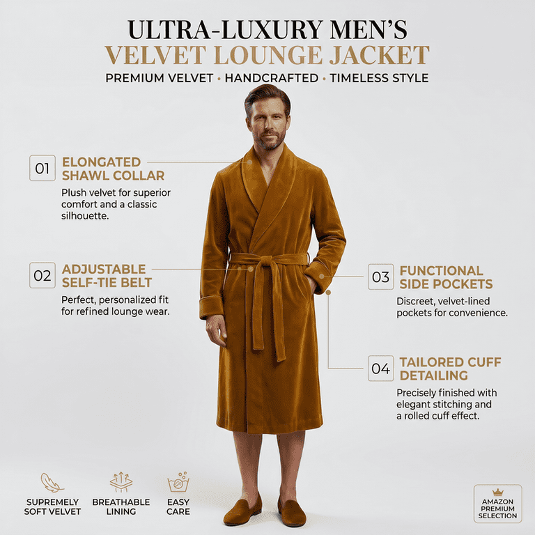 brown dressing gown mens THE FAM STUDIO Luxury Velvet Robe Gown, Shawl Collar for Men, Soft Long Velvet House Coat, Wedding Lounge Robe, Gentleman Sleepwear and extra warm cotton