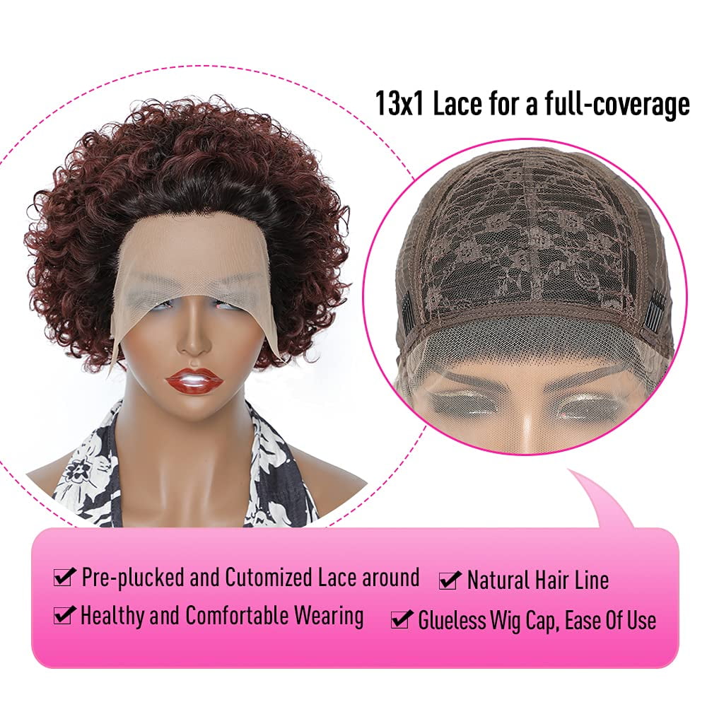 Urbeauty Short Curly Wigs for Black Women Pixie Cut Lace Front Human Hair Wigs Brazilian Virgin Hair Wigs 1B/99J Lace Front Wig Human Hair Glueless Pre Plucked