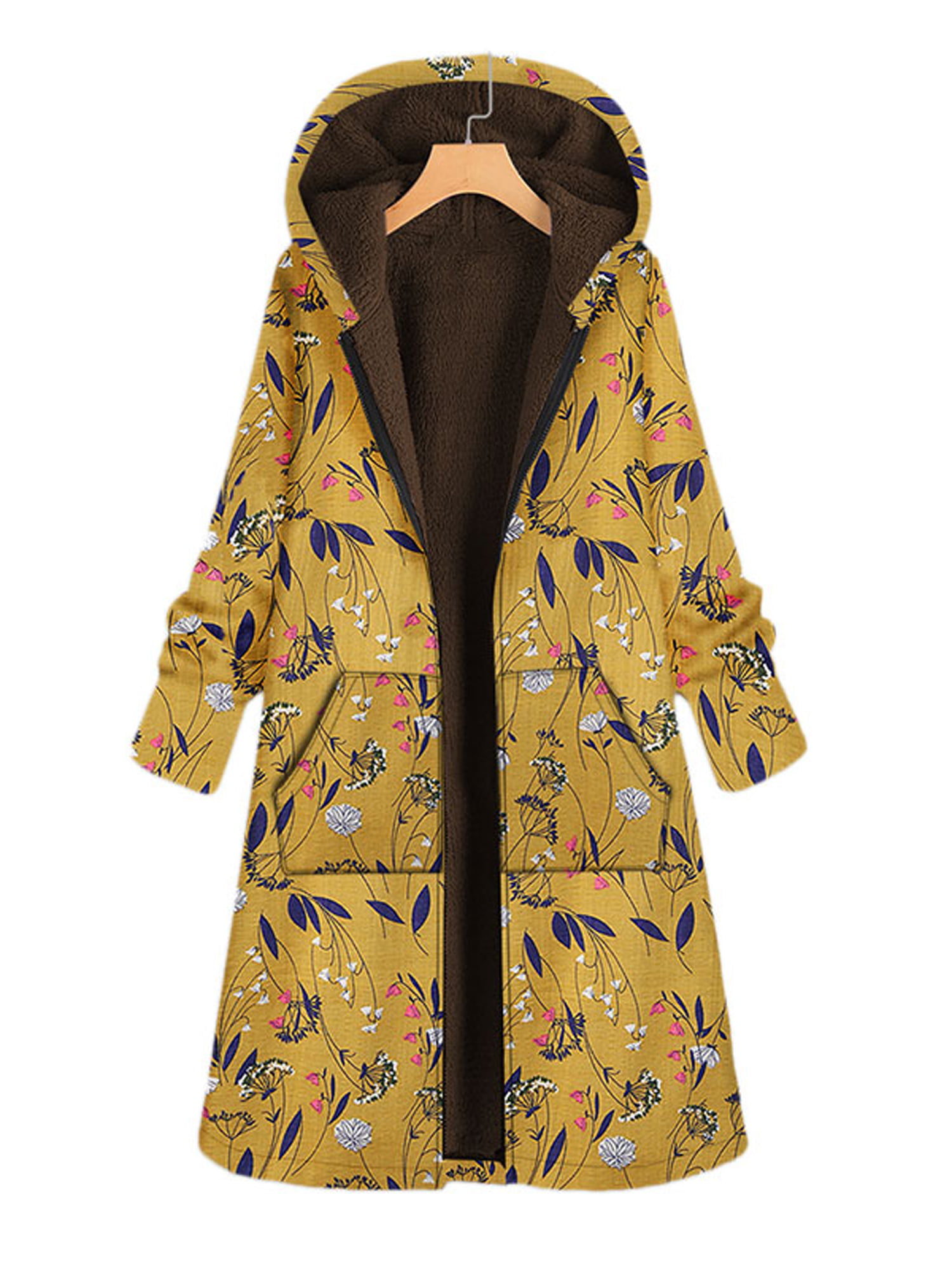 KCatsy Women Coat Parka Long Jacket Plus Size Hooded Ethnic Floral Plain Furry Lined Vintage Oversize Outerwear 