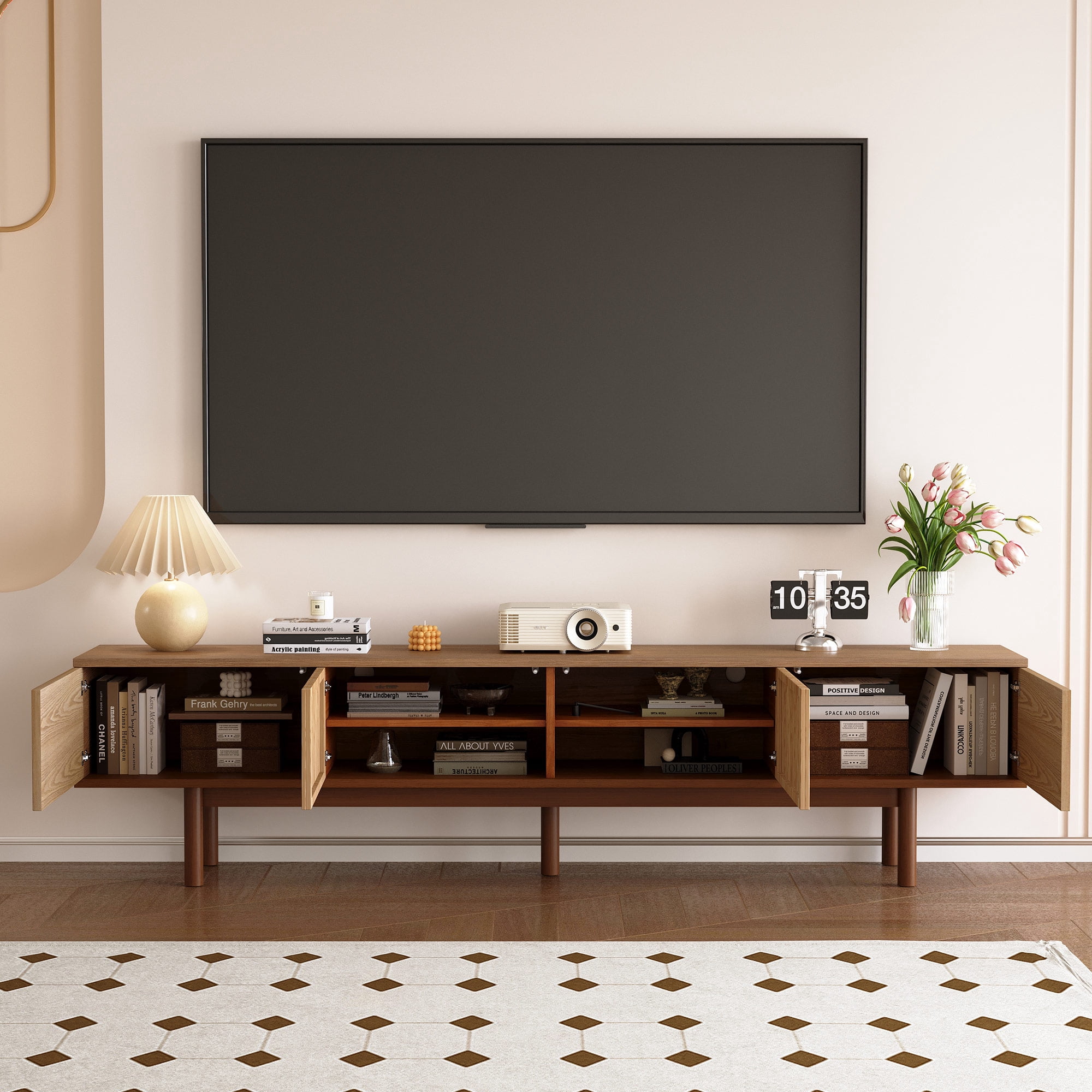 gaoyangjiaju Mid Century Modern 86.6" Solid Wood TV Stand, Ready-to-Use Entertainment Center with Storage, TV Console for Living Room & Bedroom, Walnut