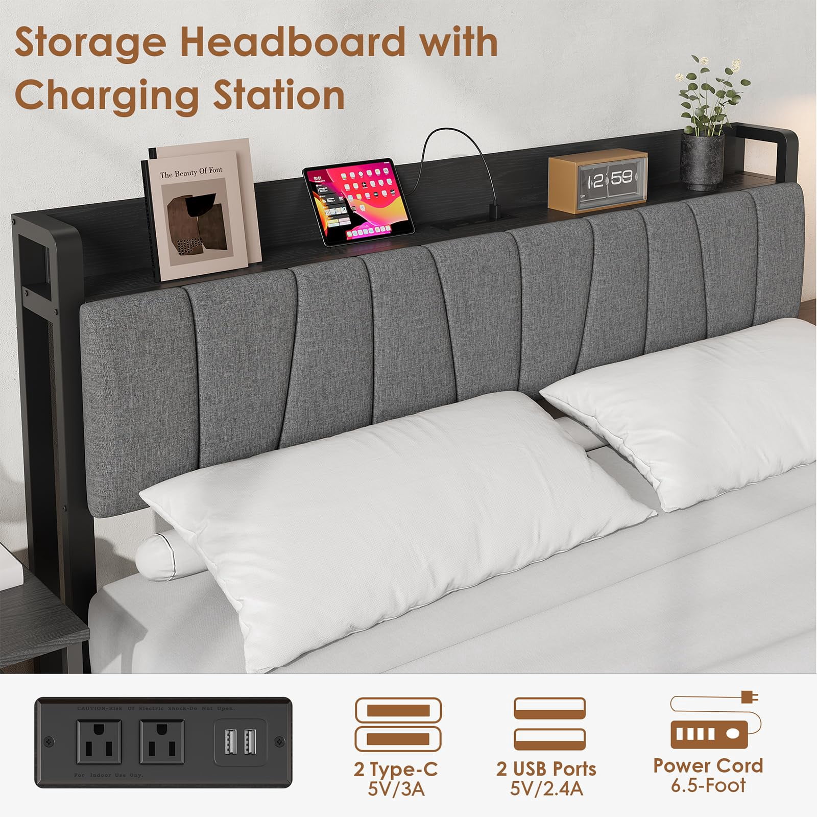 Ataucjin Full/Queen/King Size Bed Frame with Storage Headboard,Upholstered Platform Bed Frame with 2 Large Drawers and Charging Station,No Box Spring Needed,Noise Free,Easy Assembly
