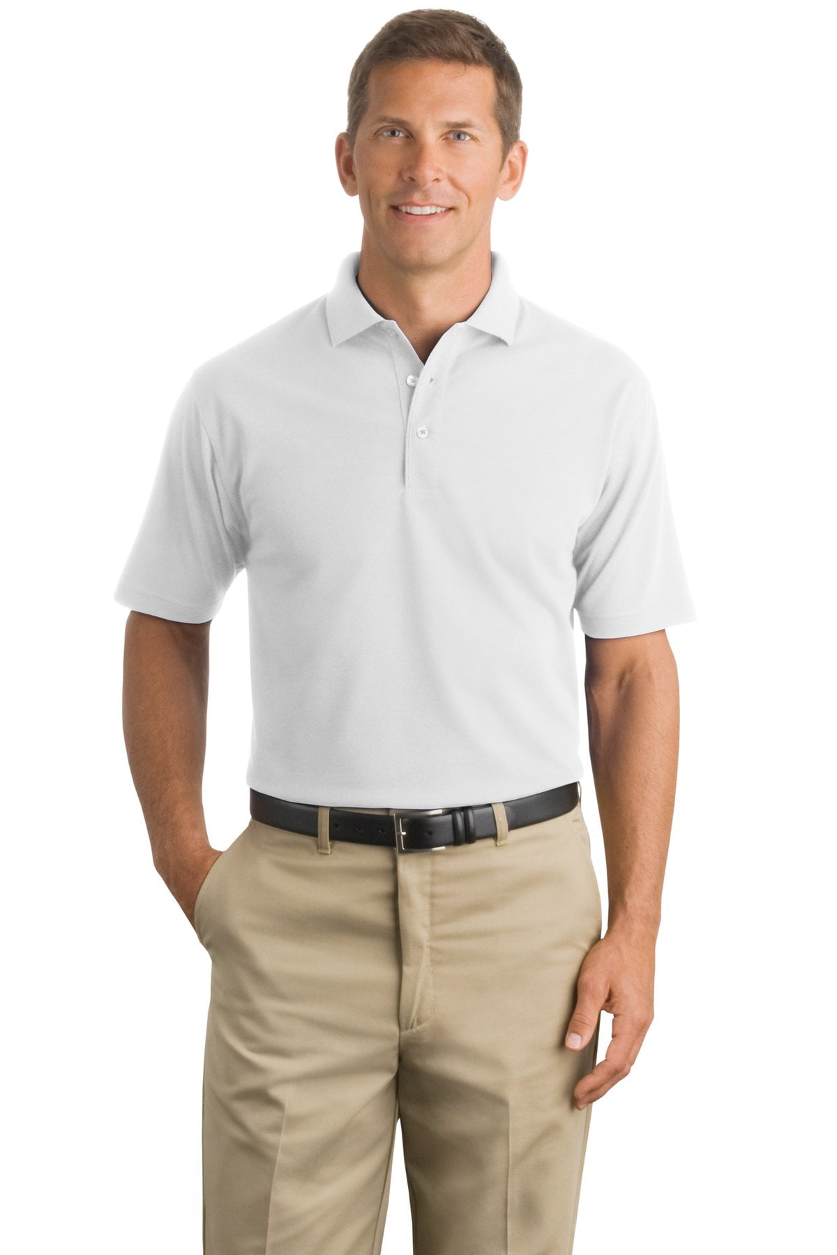 white polo and khakis