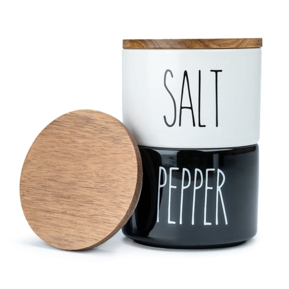 Ceramic Salt & Pepper Cellar Set with Acacia Wood Lid