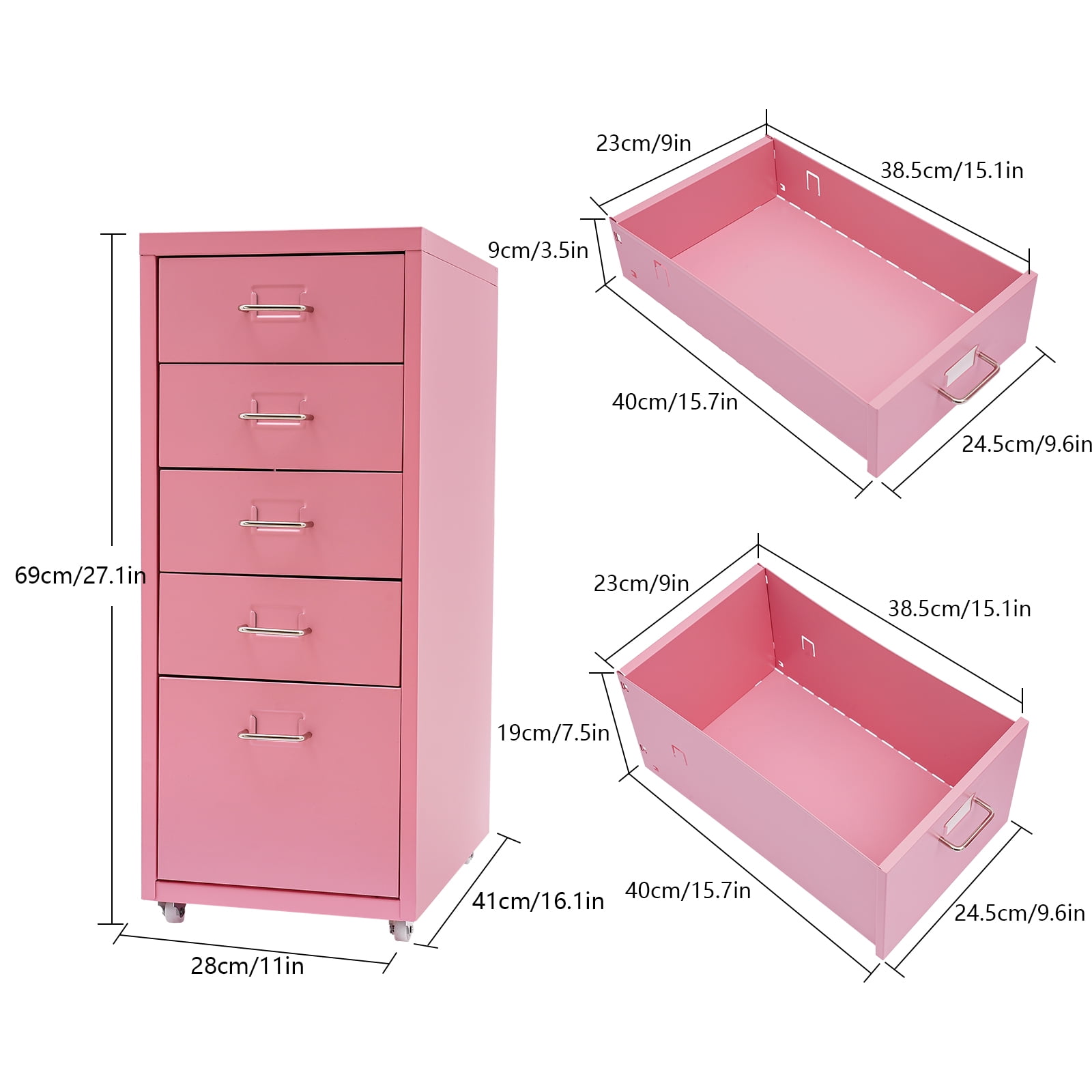 Fichiouy Metal File Storage Cabinet with Rubber Wheels 5-Drawer Storage Cabinet for Home Office 16" D x 11" W x 27" H