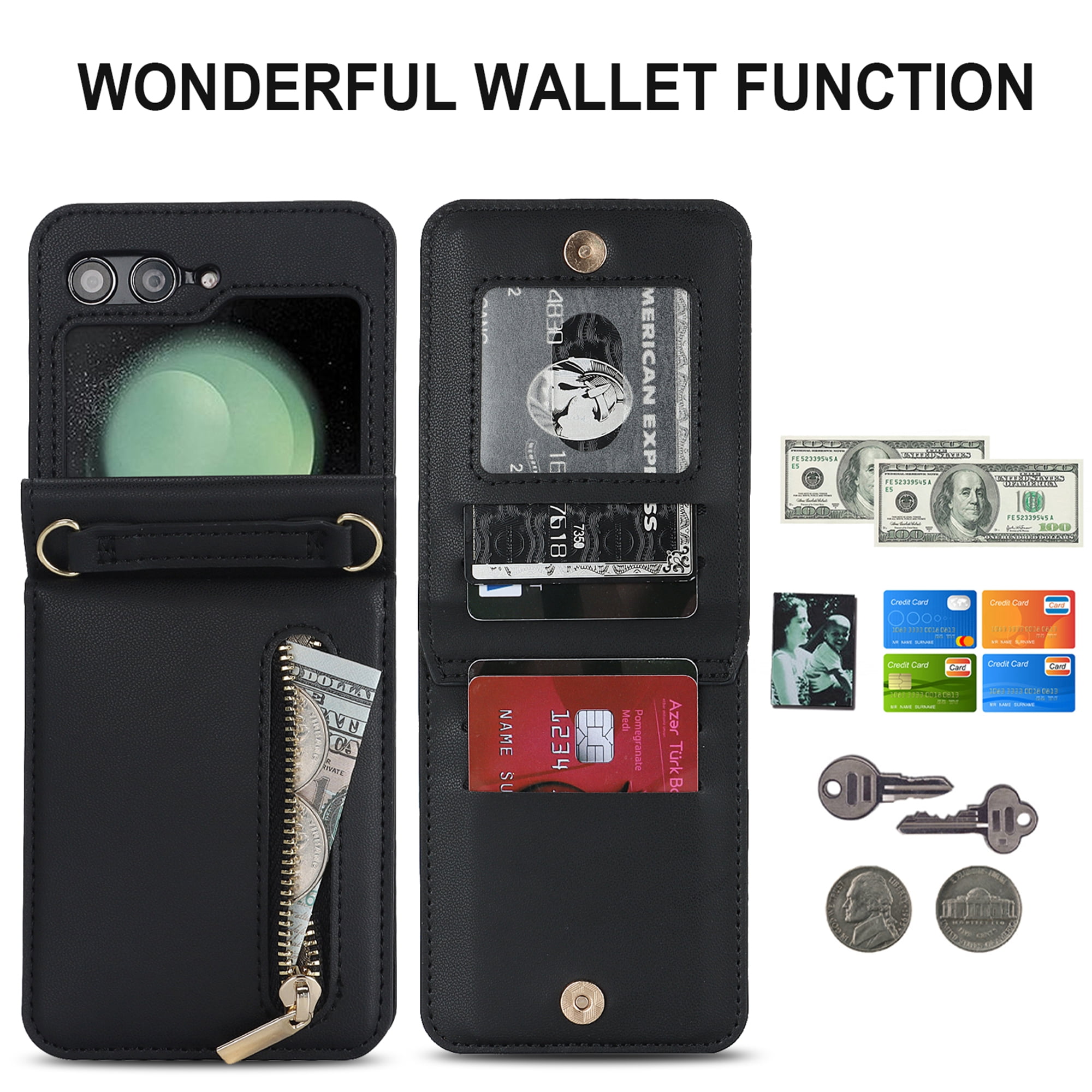 Decase for Samsung Galaxy Z Flip 5 Luxury Zipper Wallet Phone Case, Multi-Function Kickstand Card Holder Adjustable Fashion Flip Cover Case with Crossbody Strap for Samsung Z Flip 5 5G,Black