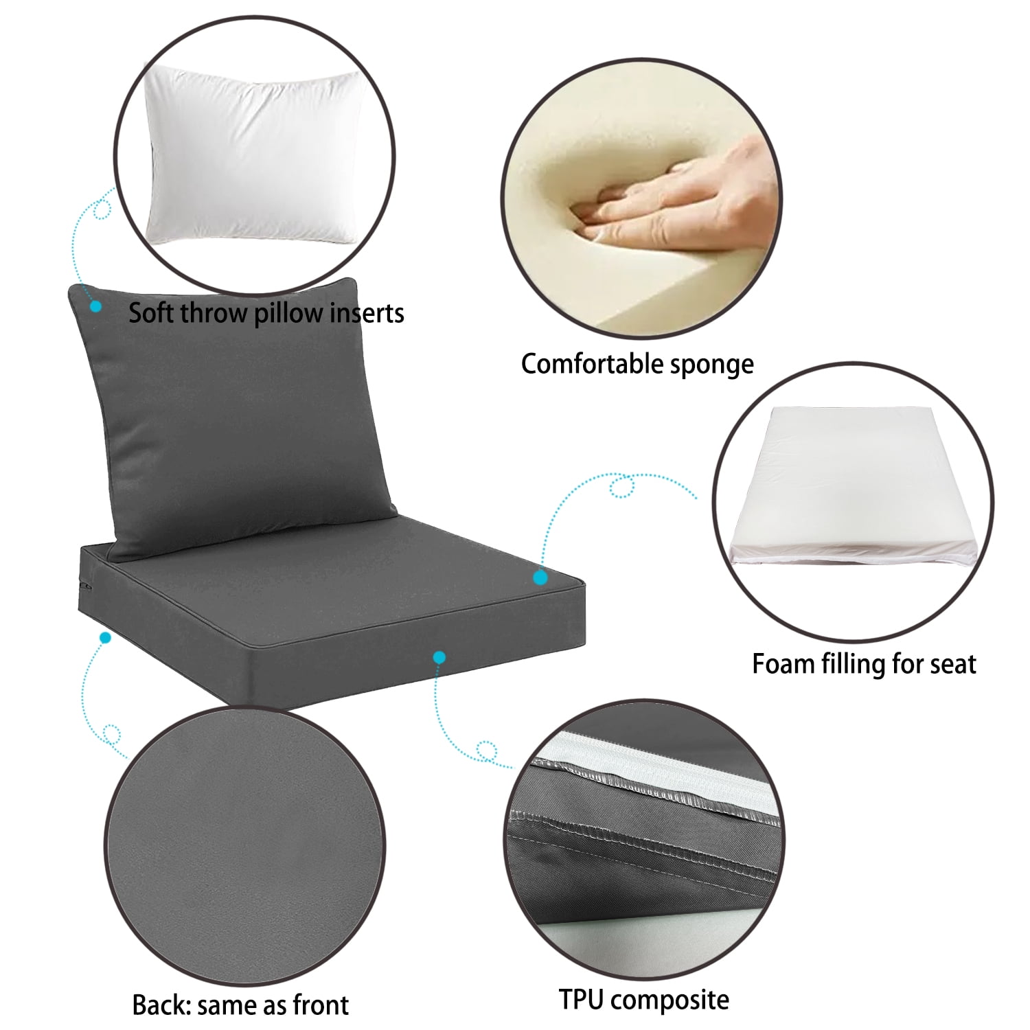 Outdoor Seat Cushions for Patio Furniture Set of 24x24 Inch for Waterproof Replacement Cushions with Removable Cover for Chair Yard Garden Deck，Dark Gray
