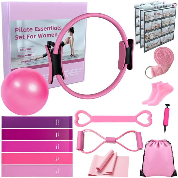 Pilates Equipment Kit for Women, 14-Piece Pilates Set with Ring, Ball, Resistance Bands, Pump & Workout Guide