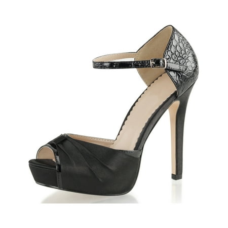 Nina Satin Pumps - Womens Black Satin Pumps D'Orsay Peep Toe Ankle Strap Shoes 4 3/4 Inch Heels