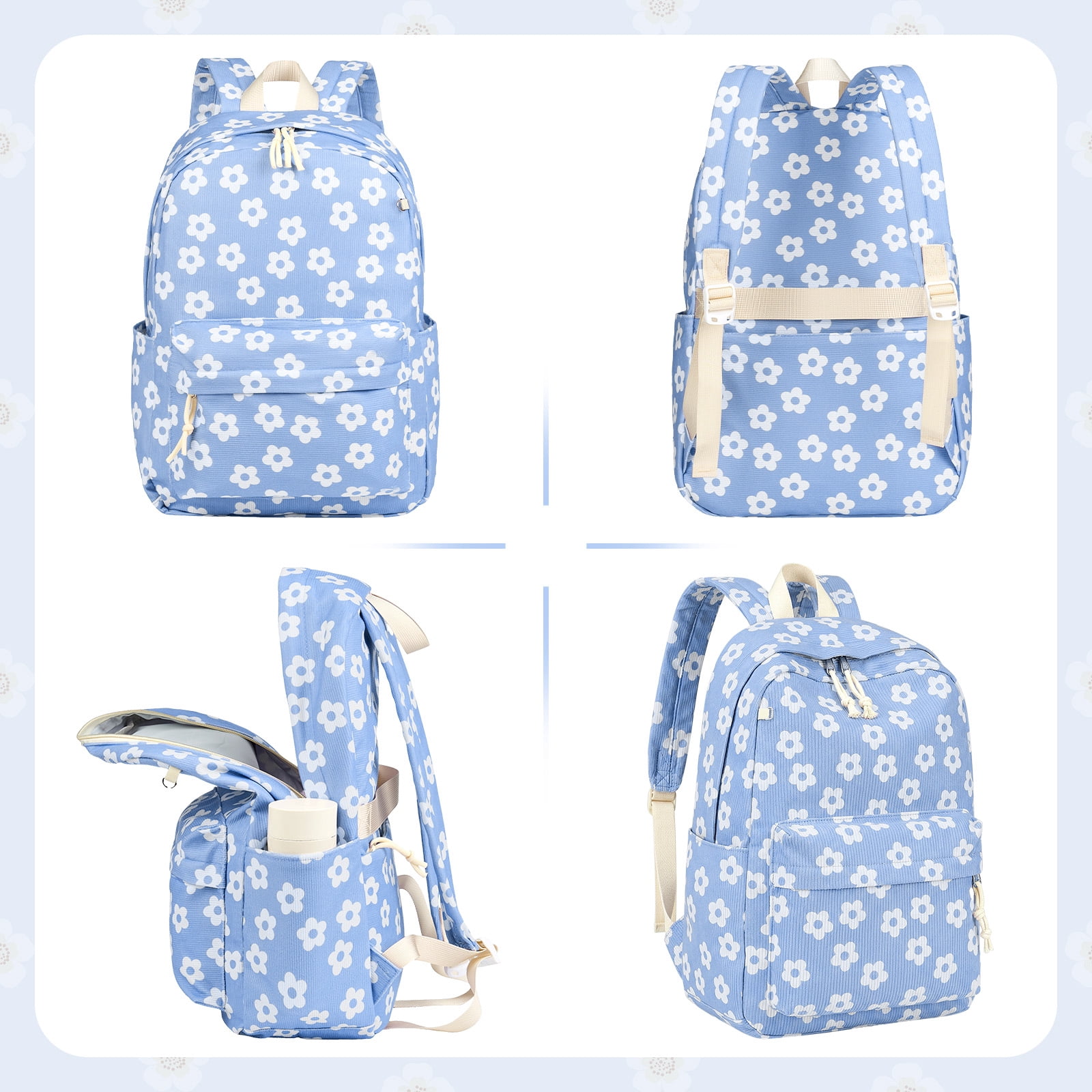 DAKIMOE School Backpack for Teen Girls Bookbags Elementary High School Corduroy Laptop Bags Women Travel Daypacks Middle School College Big Blue Flower
