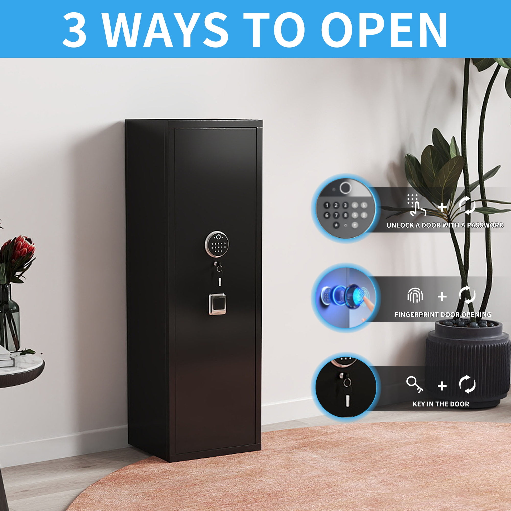 Seizeen Fingerprint Gun Safes, Heavy-duty Metal Storage Cabinet Safe, Quick Access Biometric & Electronic Gun Cabinet for Rifle, Pistol, Documents, Valuables, 13.8'' x 11.8'' x 57''