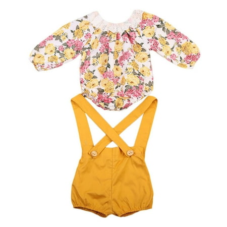 Baby Girl Long Sleeve Princess Flower Romper with Suspenders Short Pants 2 pcs Outfit (90/12-18 Months)