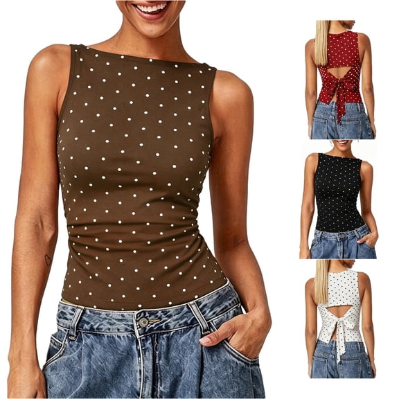 ZHOGXU Tank Top For Women Sleeveless Crew Neck Polka Dot Print Summer Lightweight Breathable Vest Top For Everyday Wear,Brown,M