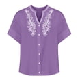 thumbnail image 4 of Qwertyu Linen Shirts for Women Spring Summer Casual Short Sleeve Embroidered Boho Tops Loose Fit Button Down Blouses Trendy Dressy V Neck Work Shirts Purple XL, 4 of 6
