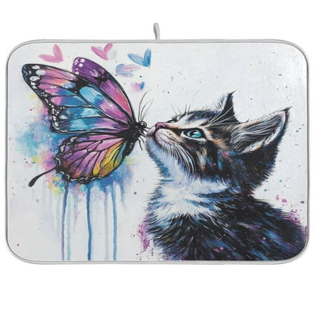 

Kitchen Drying Mat 16x18In Drying Dish Mat Dish Drying Mats Kitchen Countertop Multi-Function Drain Drying Mat Kitchen Table Colorful Cat Butterfly