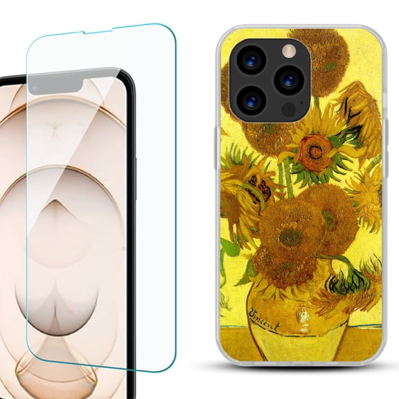 Slim-Fit Anti-Scratch Gel TPU Phone Case for iPhone 13 Pro, with Tempered Glass Screen Protector, by OneToughShield ® - Sunflower