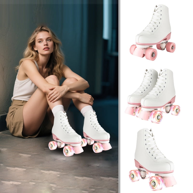 SHIBAILI Light up Roller Skates for Unisex Adult Teen,White Cartoon,Free Skate,Pink flash wheel(Women6.5/Men5.5)