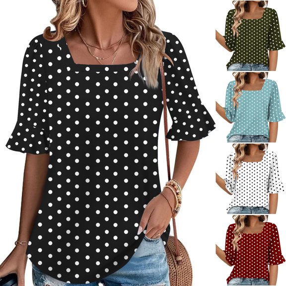 Bixock Women's Loose Cut T-Shirts,Print Casual Short Sleeve Tops,Fashion Polka Neck Ruffled Mid Sleeve Shirt Soft Breathable Daily Leisure Wear Tops