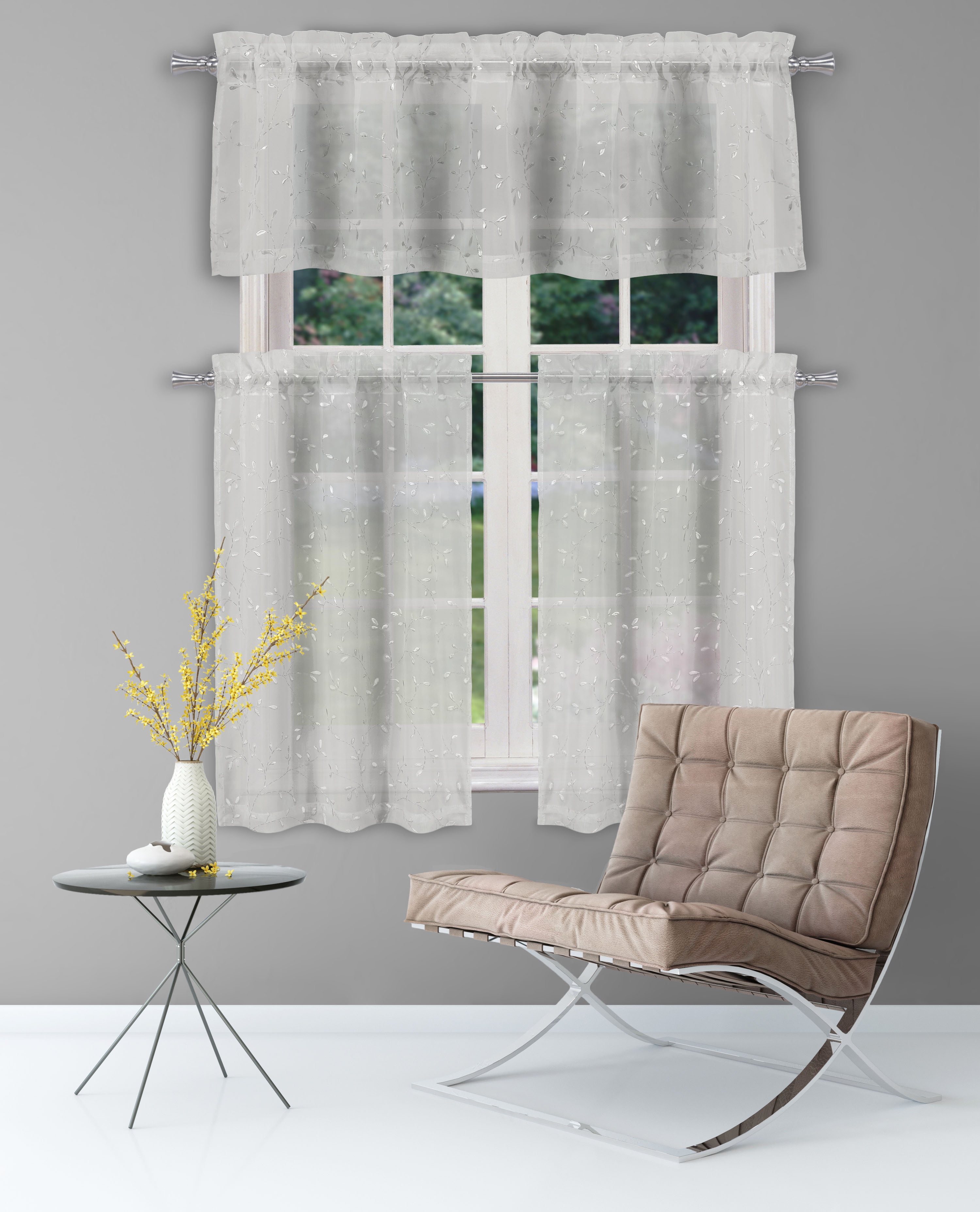 Sheer 3 Piece Window Curtain Set with Metallic Leaves and Branches